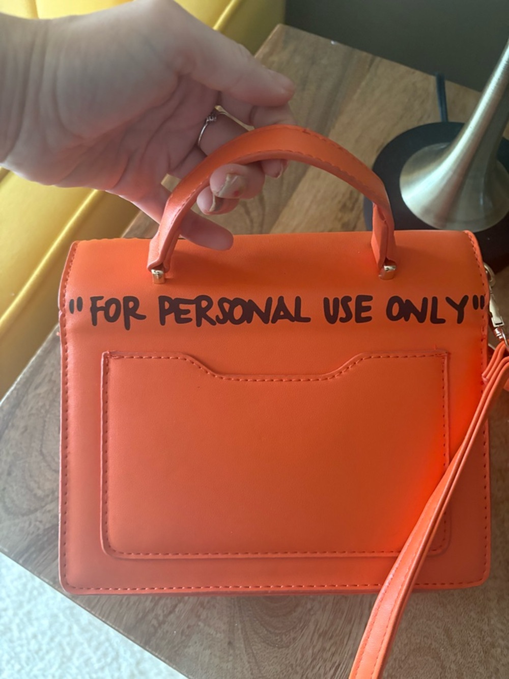 Orange Leather Top-Handle Crossbody with Graphic Print - Picture 4 of 5